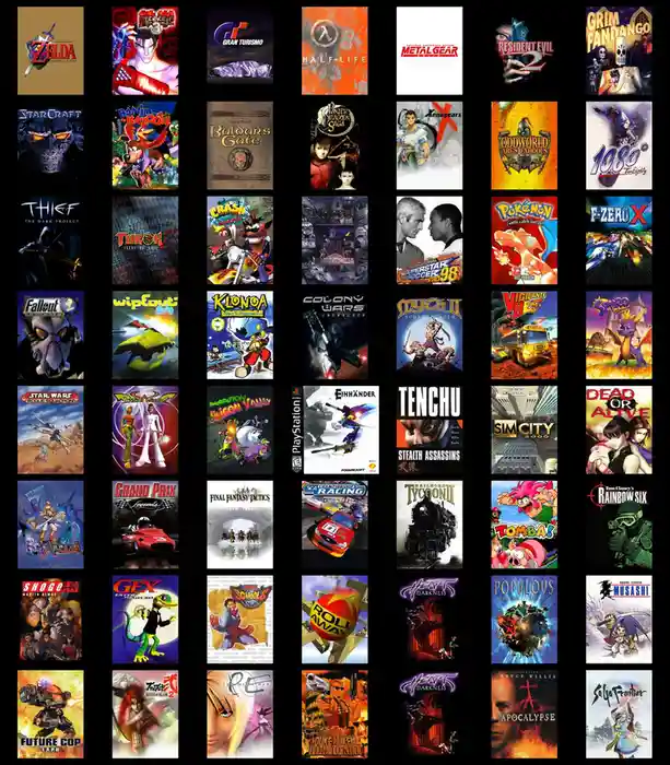 A grid of 36 classic video game covers from the late 1990s, including titles like Zelda: Ocarina of Time, Half-Life, Metal…