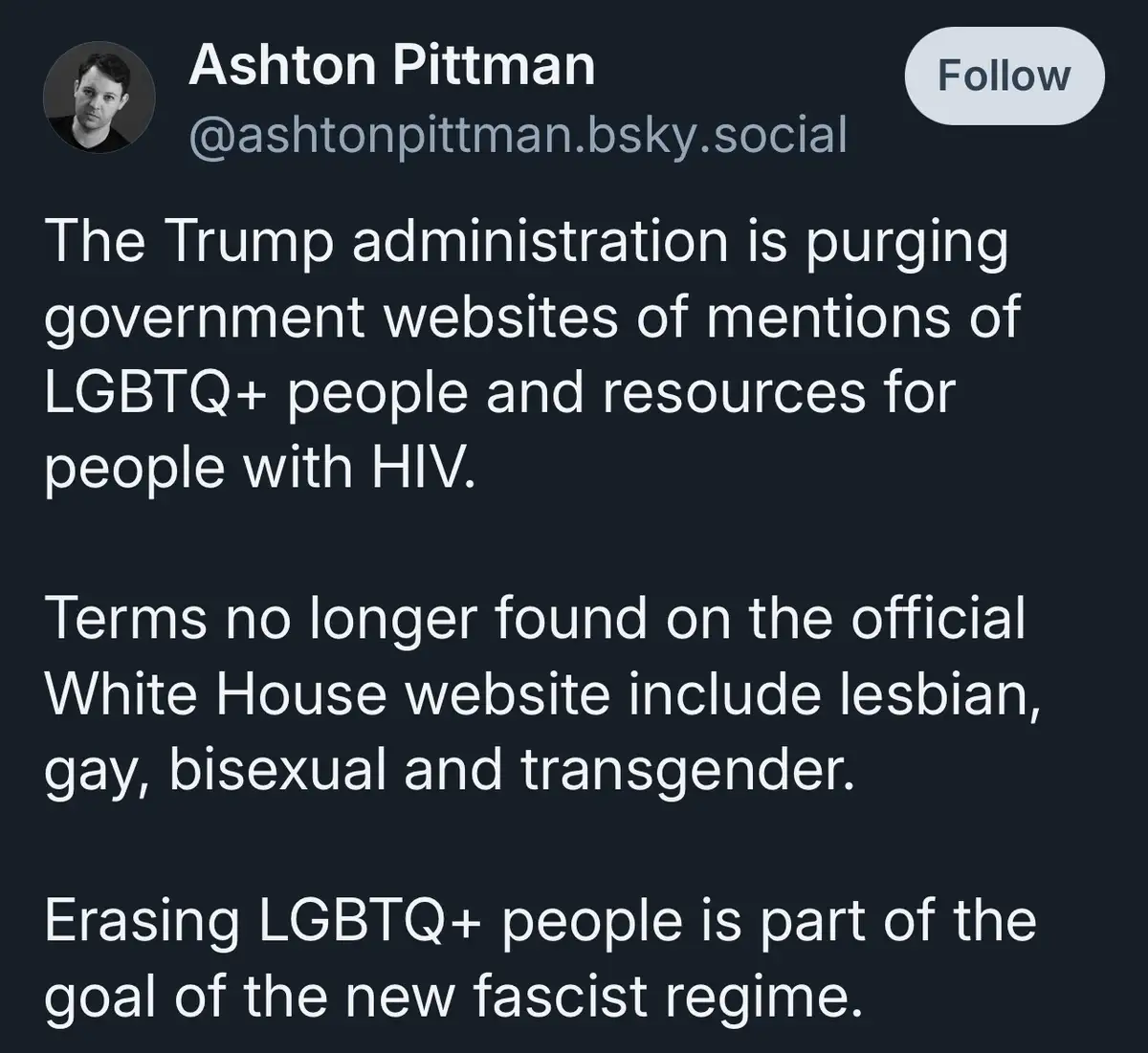 A screenshot of a social media post by Ashton Pittman on a dark background, featuring white text that claims the Trump…