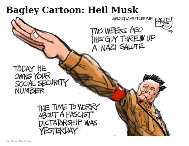 A cartoon depicts a man in a brown jacket and red armband raising his right arm in a Nazi salute. Text overlays state: 'TWO…