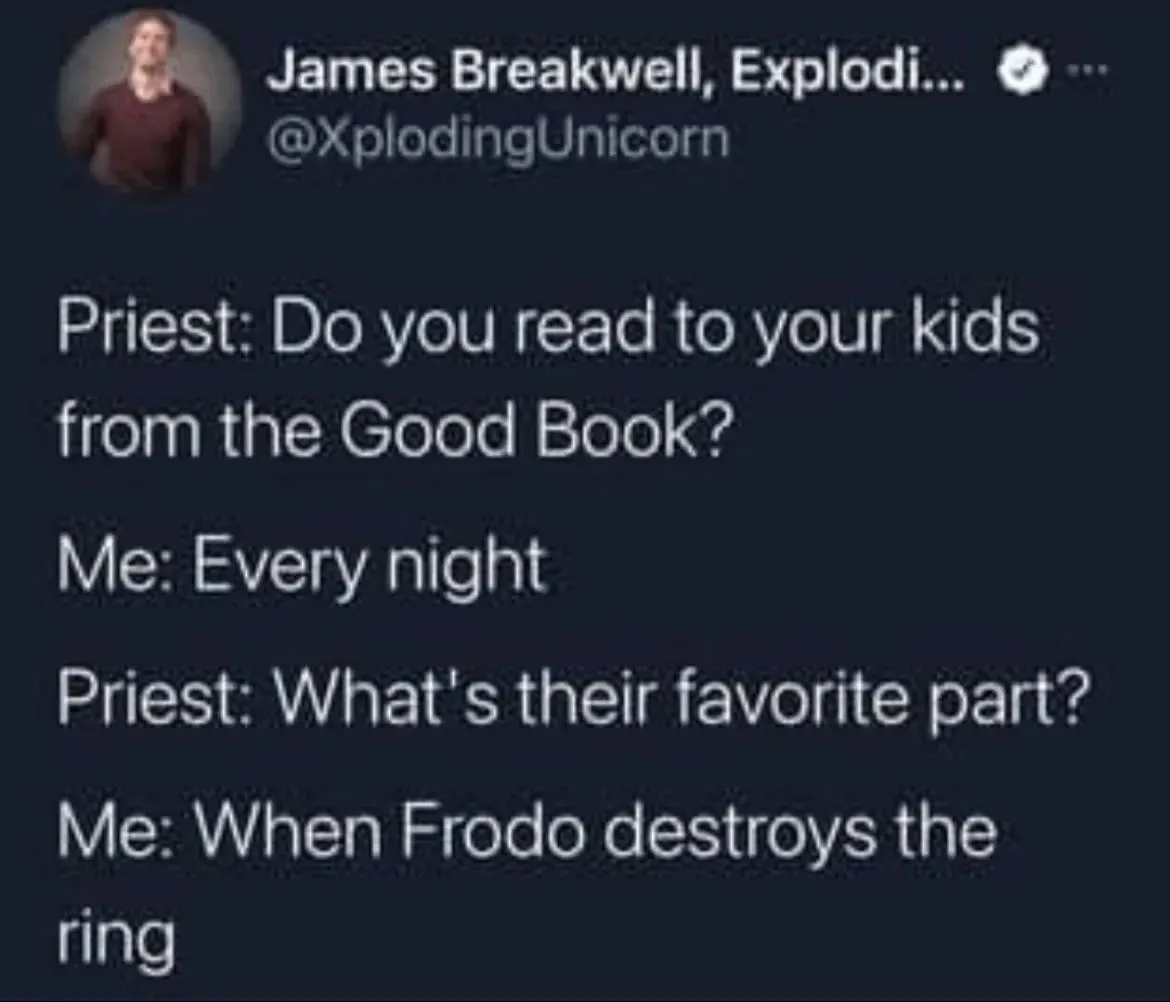A screenshot of a Twitter/X post by James Breakwell, showing a dialogue where a priest asks if the user reads to their kids…