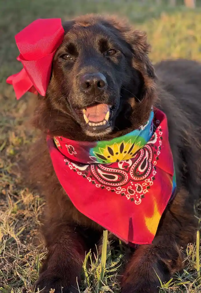 A large, dark-furred dog with a wide, toothy grin sits in grass, wearing a colorful paisley bandana around its neck and a…