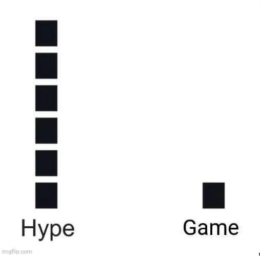 A minimalist image shows a vertical bar of six black squares labeled 'Hype' and a single black square labeled 'Game' to the…