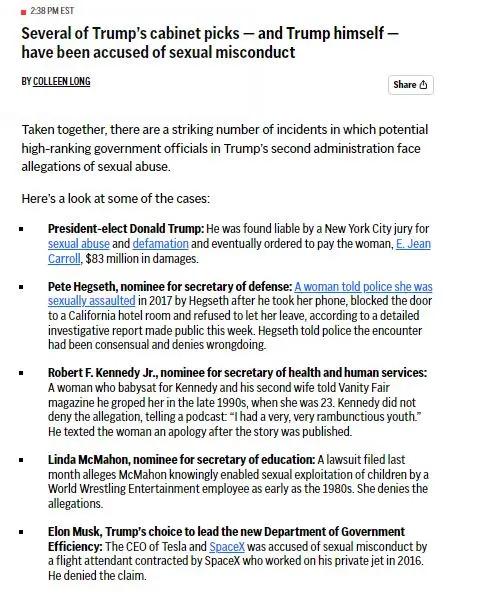 A screenshot of a news article titled 'Several of Trump's cabinet picks — and Trump himself — have been accused of sexual…