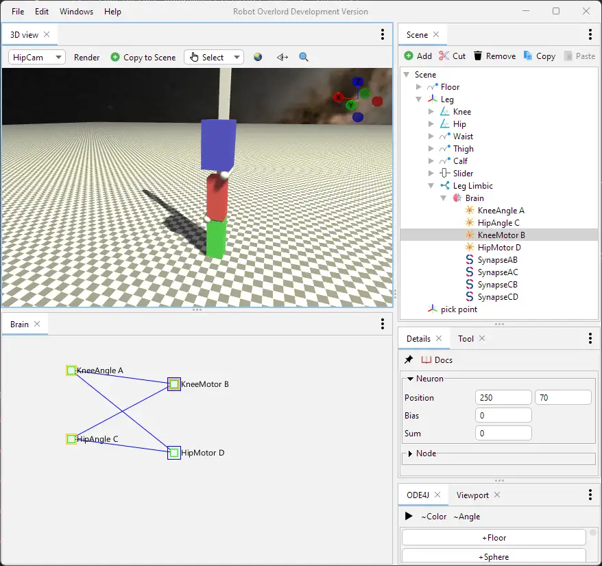 A screenshot of a 3D robot simulation software interface titled 'Robot Overlord Development Version'. The 3D view shows a…