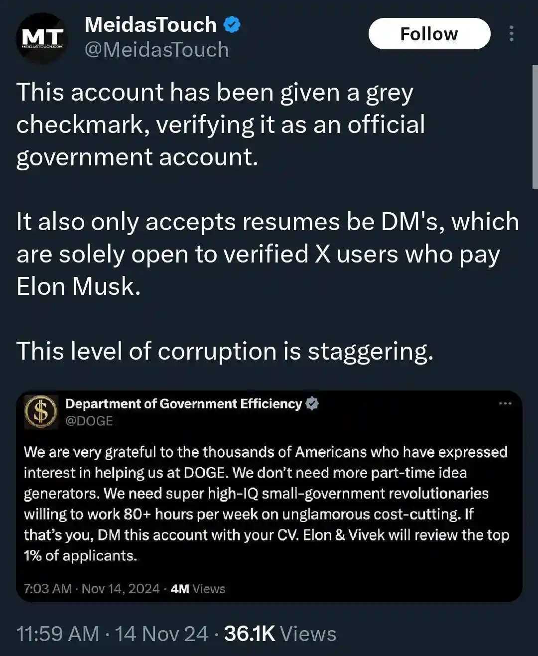 A screenshot of a tweet from 'MeidasTouch' mocking a fictional 'Department of Government Efficiency' account. The mock tweet…