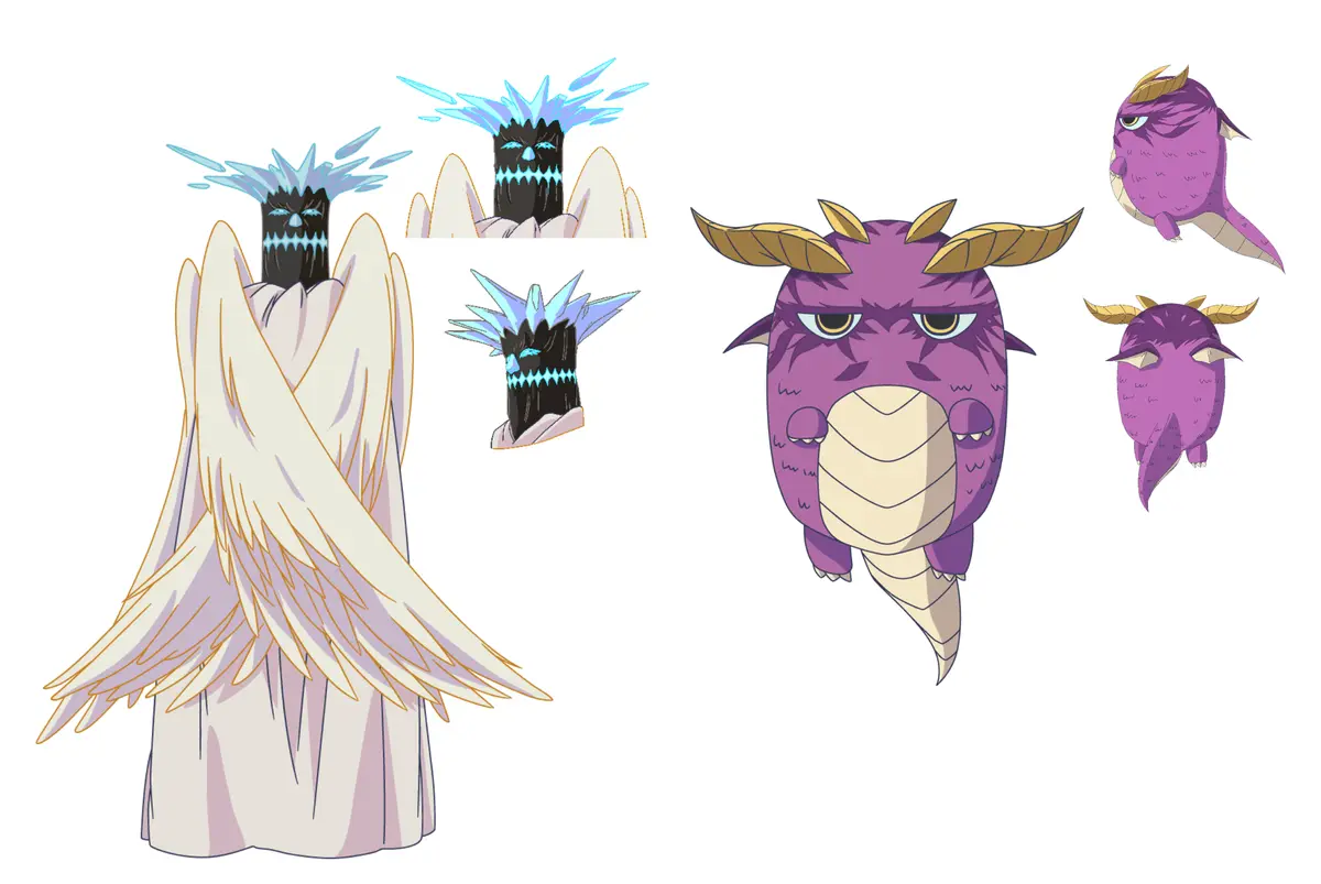This image displays character design sheets for two anime-style monsters: one is a tall, black, ice-themed creature with a…