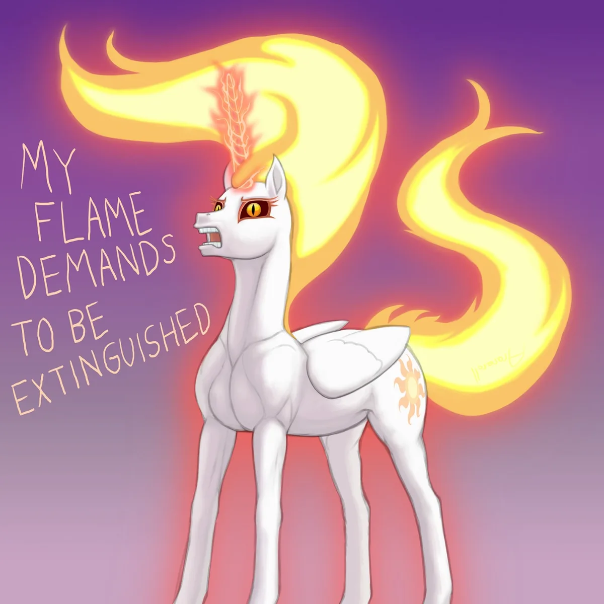 A white, muscular, anthropomorphic pony with fiery orange eyes and a large, glowing yellow flame mane and tail stands…