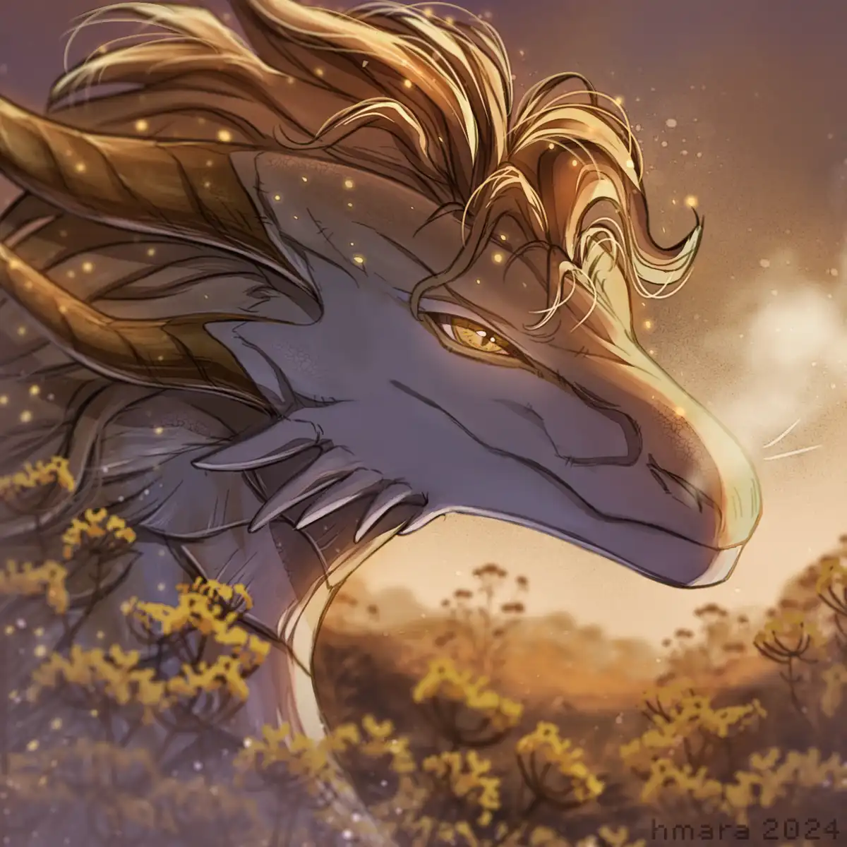 A beautifully illustrated dragon with a human-like face, featuring long flowing golden hair, a gentle expression, and golden…