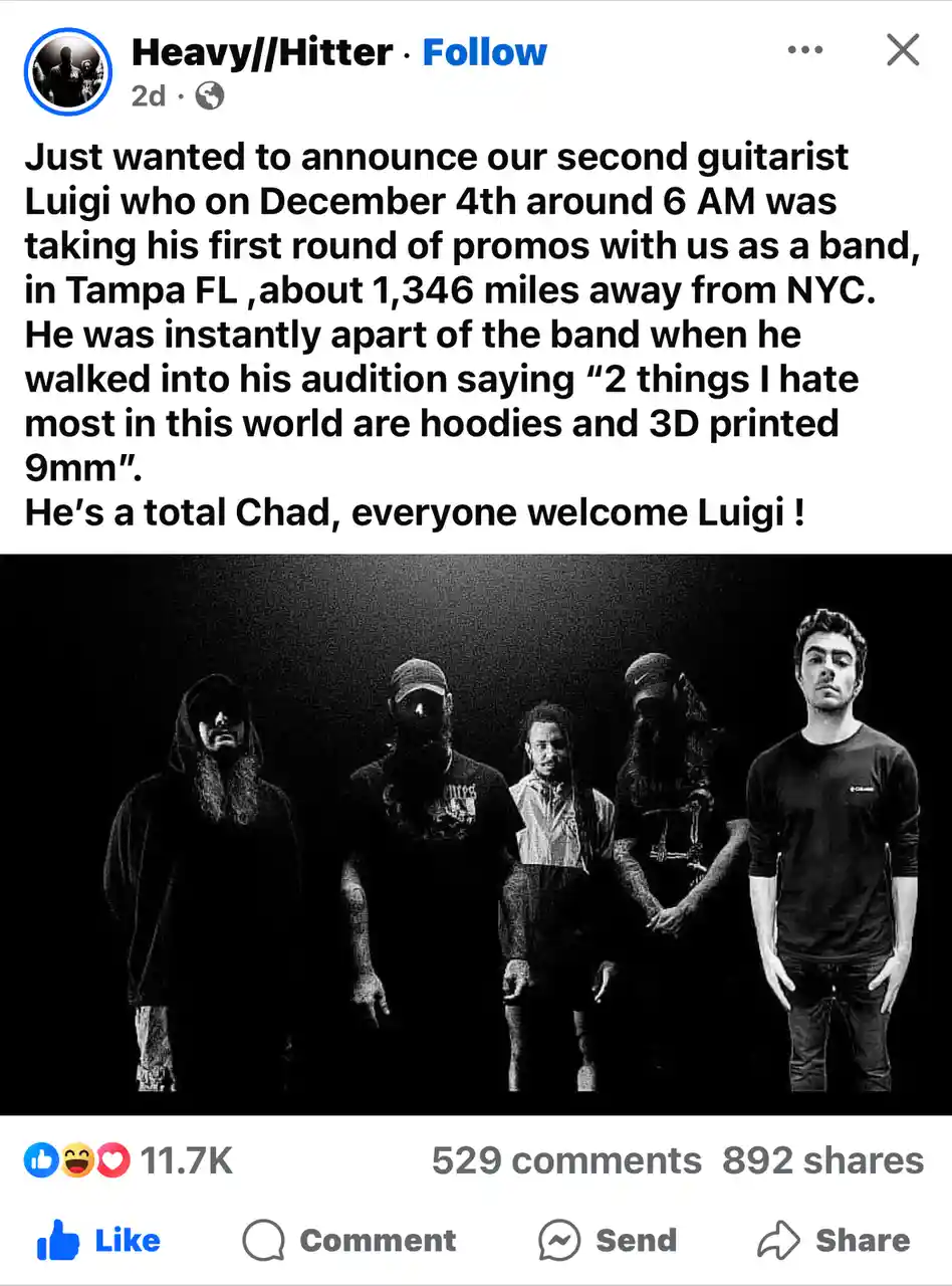 A black-and-white photo of five men, presumably a band, with one member on the far left wearing a hoodie. The overlaid text…