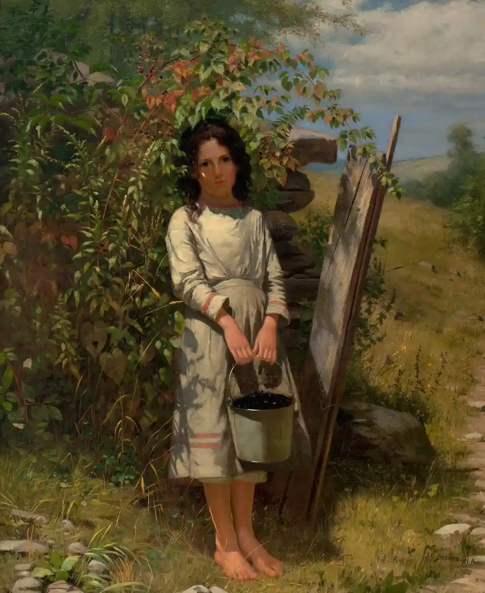 A vintage painting depicts a young girl in a simple dress standing barefoot in a grassy field, holding a metal bucket filled…