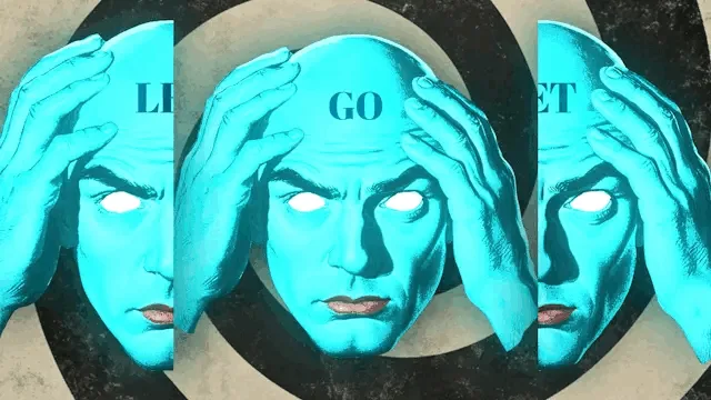 The image displays a repeating pattern of a cyan-colored, bald man with white eyes holding his head in distress, set against…