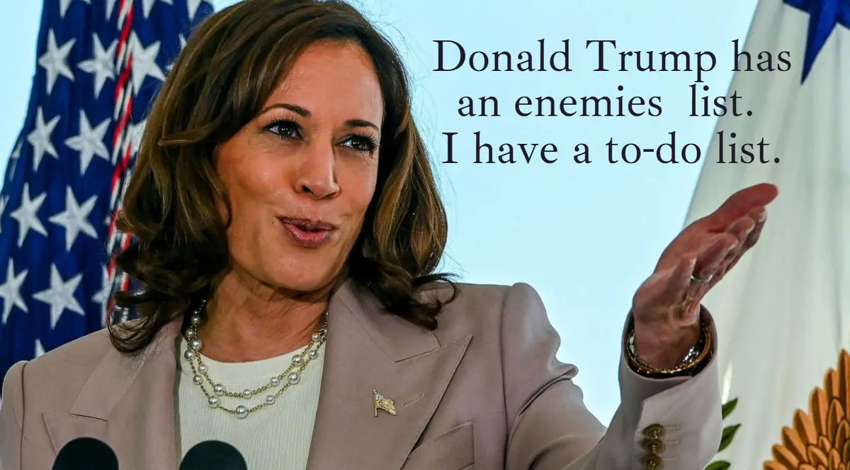 A photo of Kamala Harris speaking at a podium with American flags behind her, gesturing with her right hand. Overlaid text…