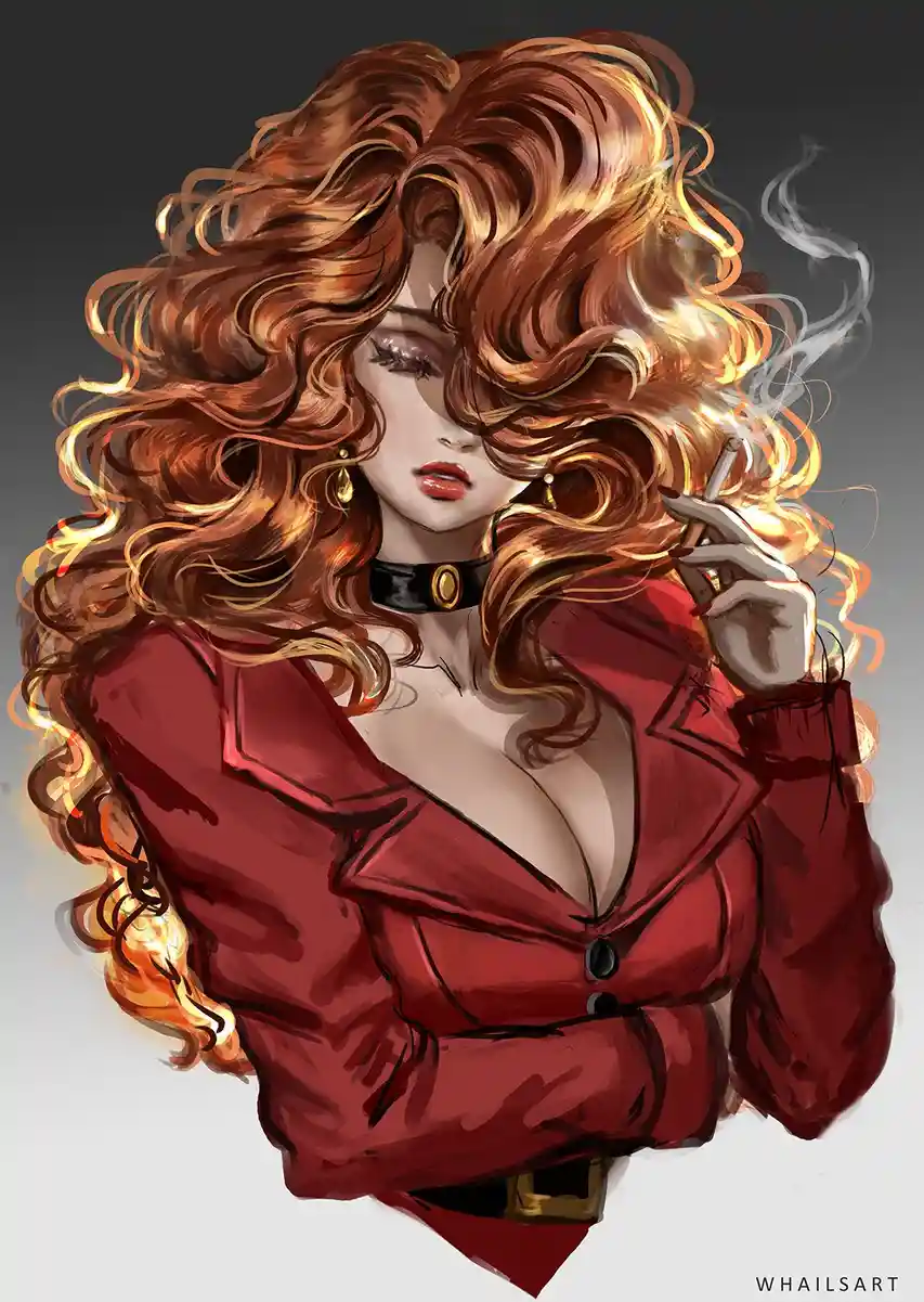 A stylized digital illustration of a woman with voluminous, fiery red curls, wearing a red blazer, a black choker with a…