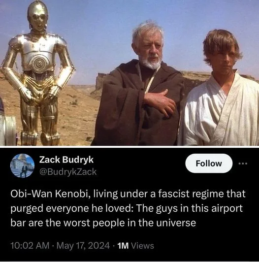 A still from Star Wars shows Obi-Wan Kenobi, C-3PO, and Luke Skywalker standing together in a desert. Overlaid text reads…