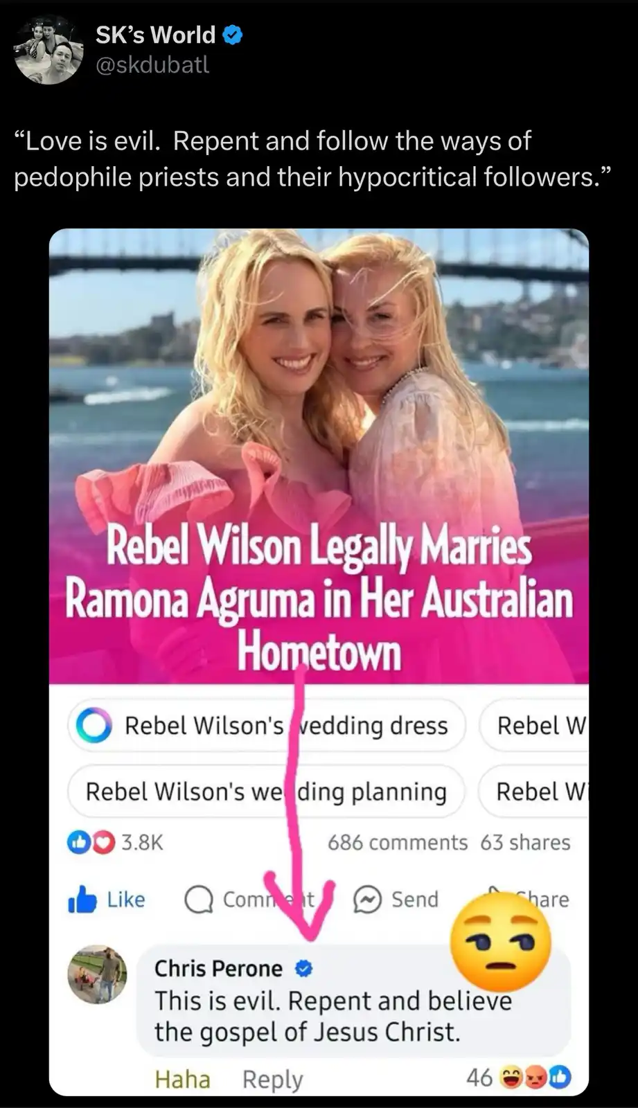 A screenshot of a social media post showing two women in pink dresses smiling outdoors near a bridge. The post's headline…