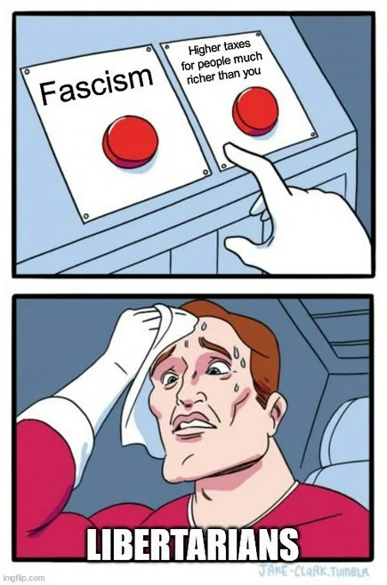 The top panel shows a hand hovering over a red button labeled 'Fascism' next to another labeled 'Higher taxes for people…