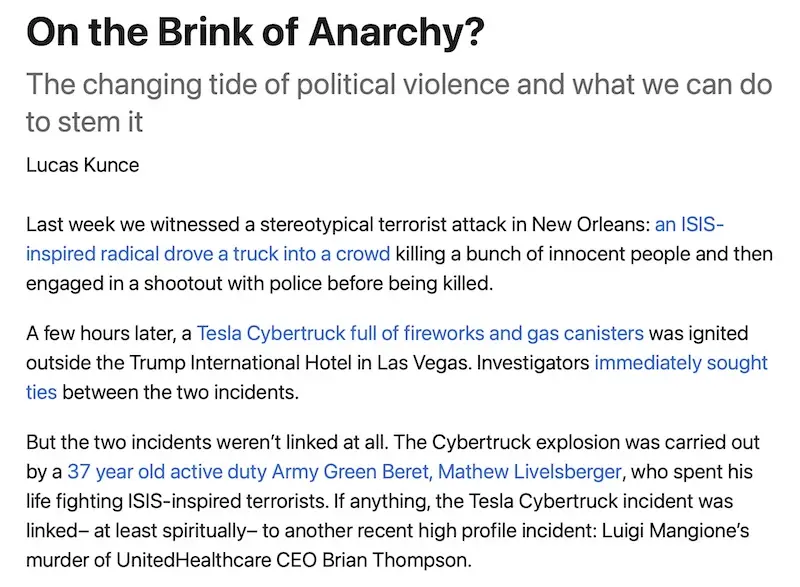An article titled 'On the Brink of Anarchy?' by Lucas Kunce describes two unrelated violent incidents: an ISIS-inspired…