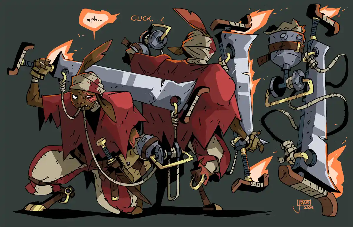 A cartoonish warrior in red robes and a headband, wielding a large sword, is shown in a dynamic pose with mechanical parts…