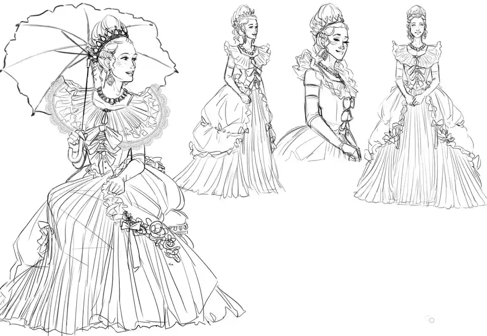 A black-and-white line art sketch shows four variations of a woman in elaborate, ruffled, historical royal gowns with…