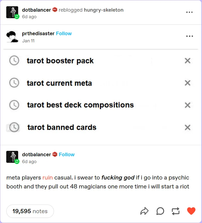 A Tumblr post shows a user listing four 'tarot' search queries with clock icons, then a comment below that says 'meta…