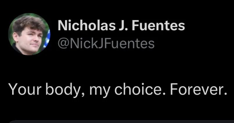 A screenshot of a Twitter profile showing Nicholas J. Fuentes with the handle @NickJFuentes. Below his name, the overlaid…