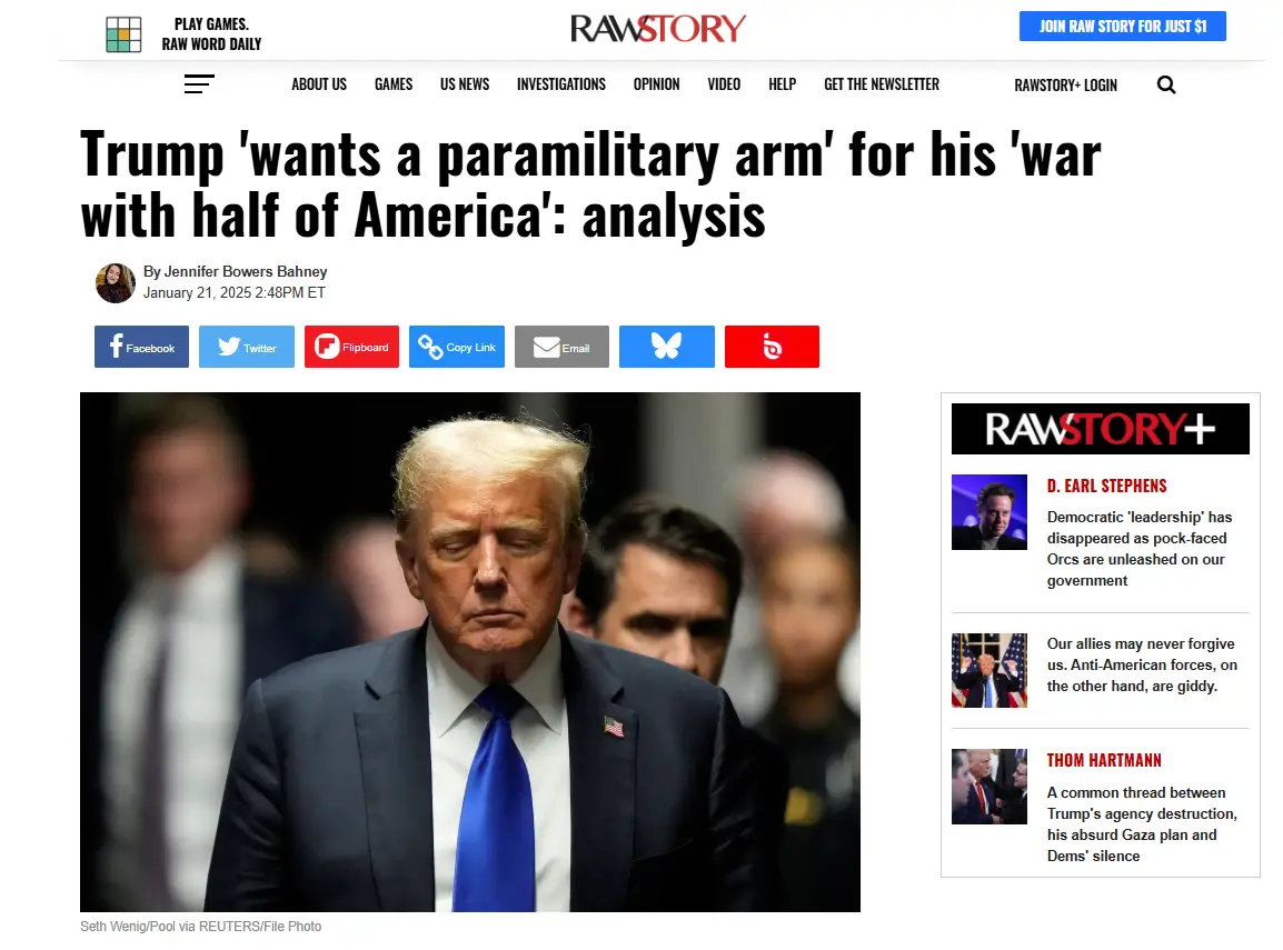 A screenshot of a Raw Story news article featuring a photo of Donald Trump looking downcast, with the headline 'Trump 'wants…