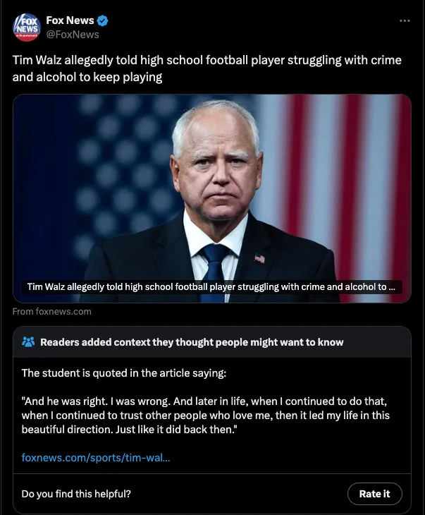 A screenshot of a Fox News tweet shows a photo of Tim Walz with an American flag in the background. The tweet's headline…