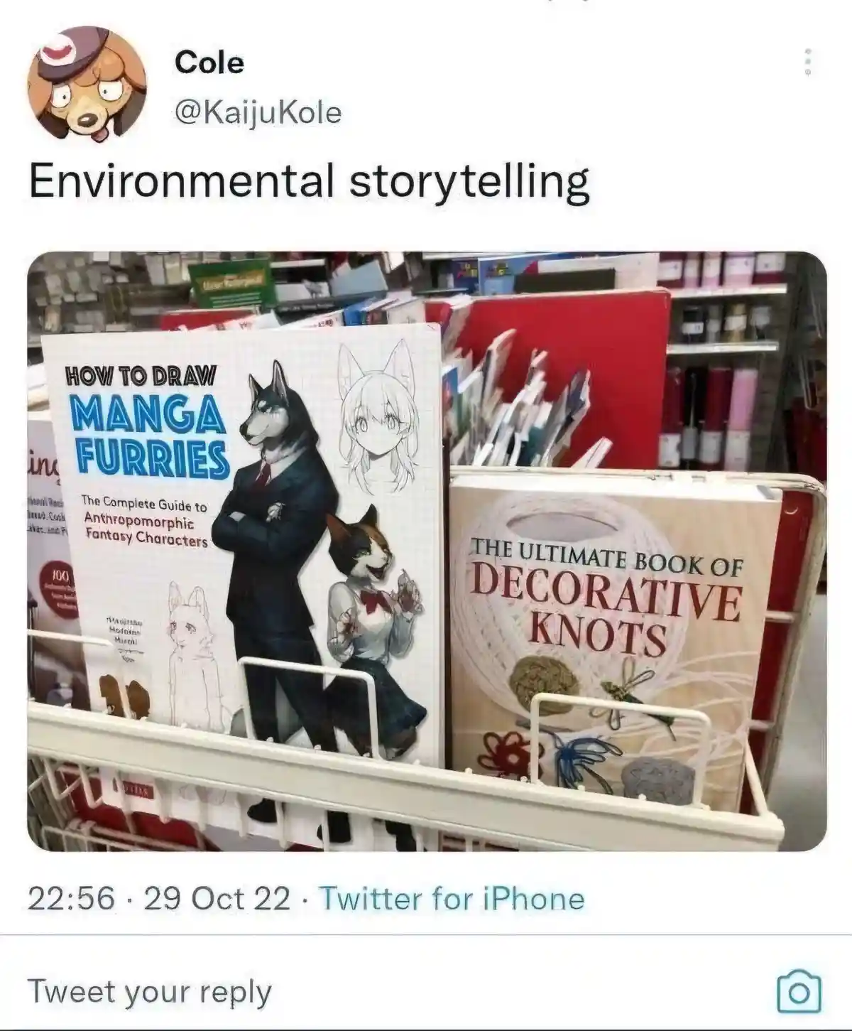A screenshot of a tweet by Cole (@KaijuKole) showing two books on a store shelf: 'How to Draw Manga Furrries' and 'The…