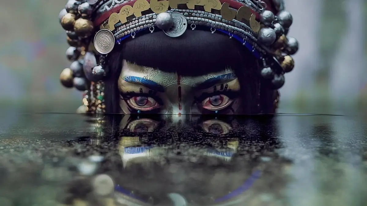 A person with elaborate traditional makeup and an ornate headpiece is shown with only their eyes visible above a reflective…