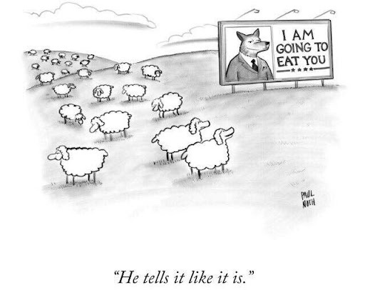 A black-and-white cartoon shows a flock of sheep walking toward a billboard. The billboard features a wolf in a suit and…