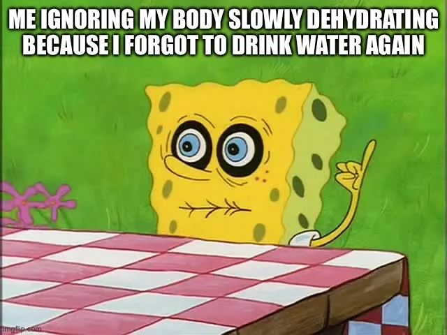 SpongeBob SquarePants sits at a red-and-white checkered picnic table with a weary, resigned expression, one hand raised in a…