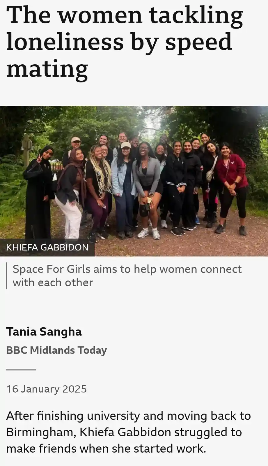 A group photo of diverse women smiling outdoors on a path, overlaid with the text 'The women tackling loneliness by speed…