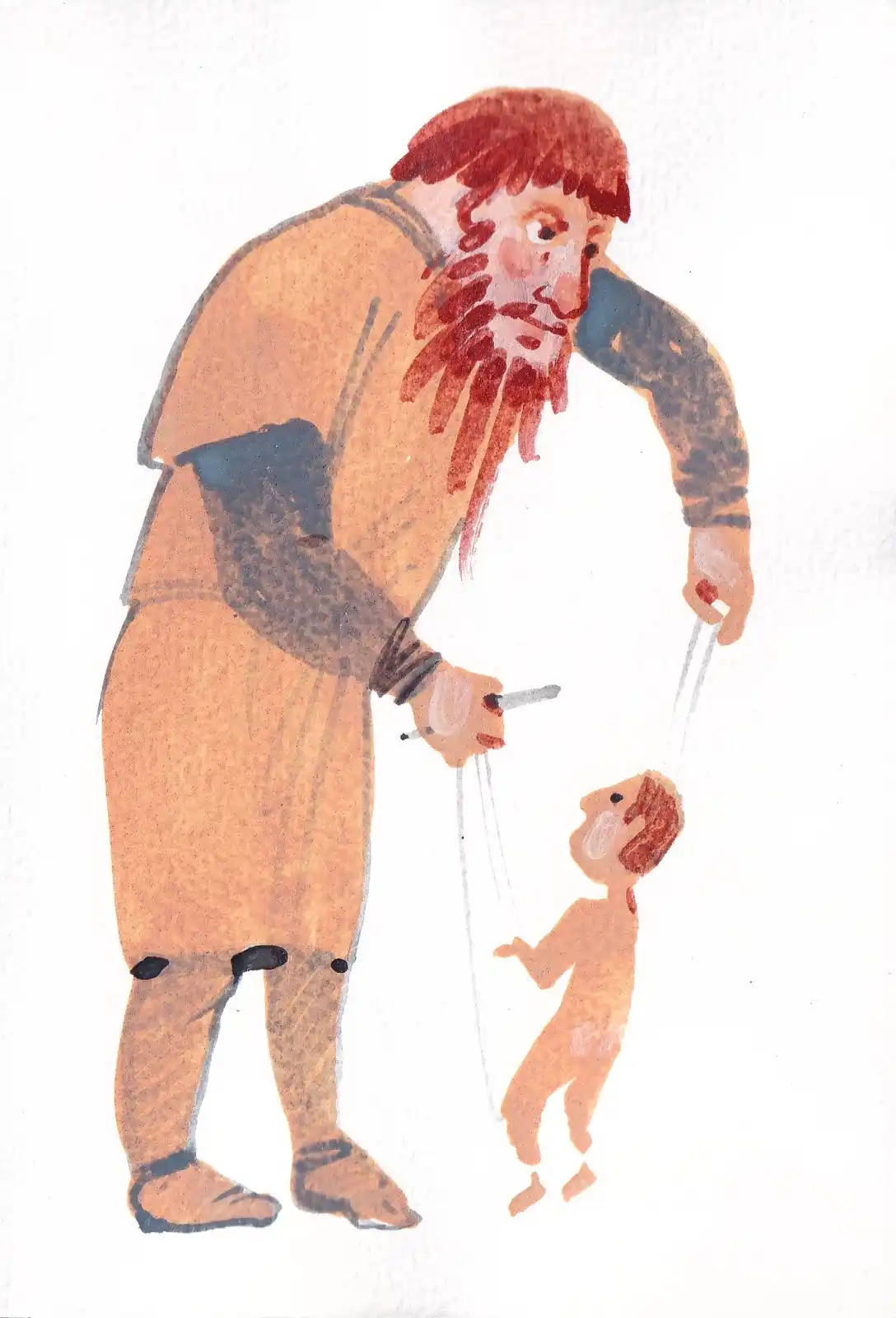 A watercolor illustration shows a large bearded man holding strings attached to a small child, who is looking up at him. The…