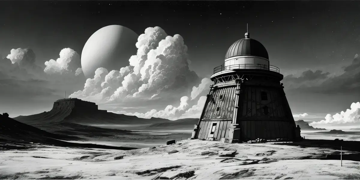 A black-and-white sci-fi landscape shows a weathered, wooden lighthouse on a barren, rocky plain under a starry sky. A…
