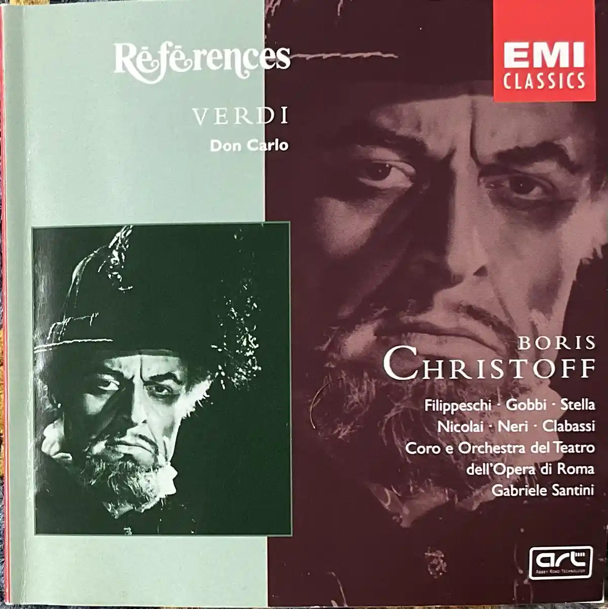 The image is a vintage EMI Classics album cover for Verdi's opera 'Don Carlo,' featuring a dramatic close-up of tenor Boris…