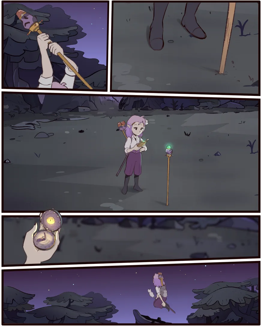 A five-panel comic strip shows a purple-haired elf-like character in a dark forest at night. In the first panel, she holds a…
