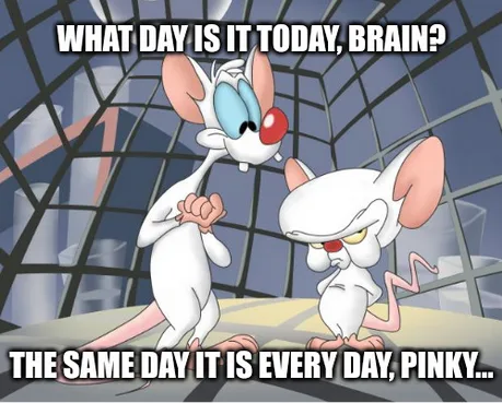 Two cartoon mice, Brain and Pinky from the show 'Pinky and the Brain,' are shown in a cage-like structure. Brain, standing…