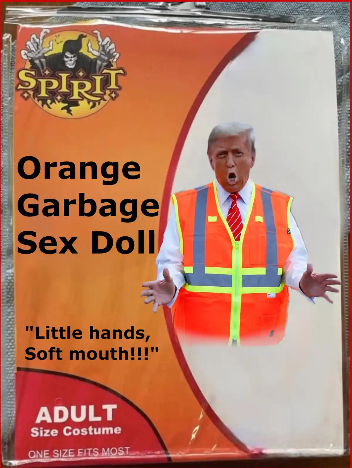 The image shows a product package for a 'Spirit' brand adult costume, featuring a photo of Donald Trump wearing an orange…