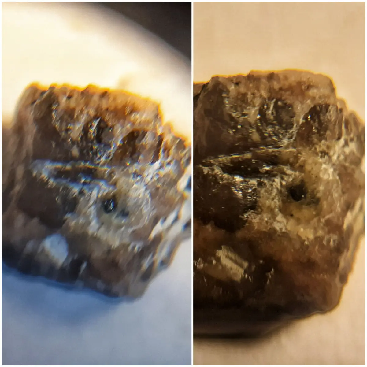 The image displays a split-screen view of a rough, brownish rock with a textured, uneven surface. The left panel shows a…
