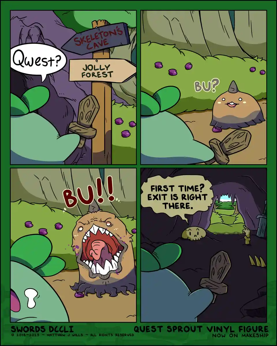 A four-panel comic shows a character confused by a signpost pointing to 'Skeleton's Cave' and 'Jolly Forest'. A small, round…