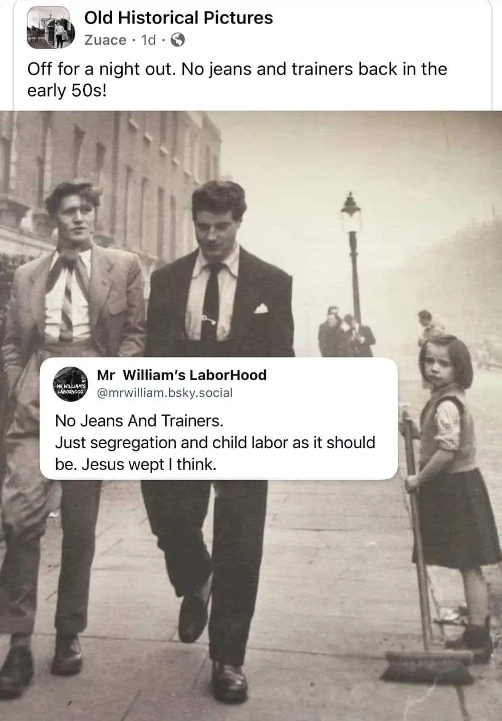A black-and-white historical photo shows two men in suits walking down a street, with a young girl in a dress holding a…
