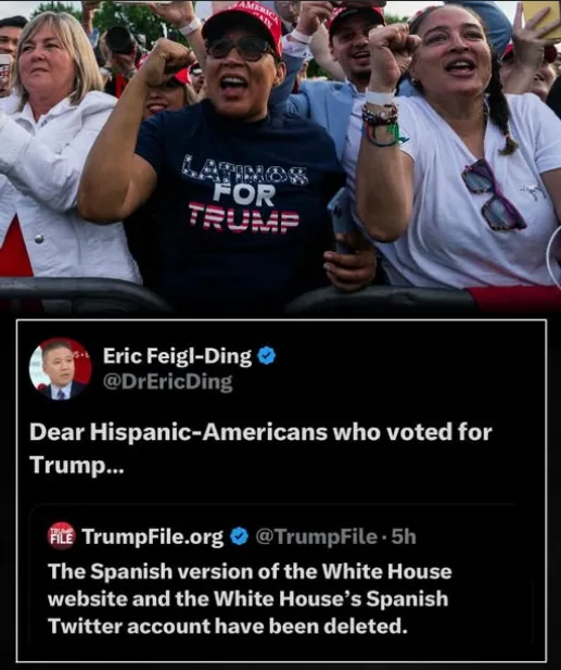 A photo shows a crowd of enthusiastic supporters, including a woman in a 'LATINOS FOR TRUMP' t-shirt, cheering at an event…