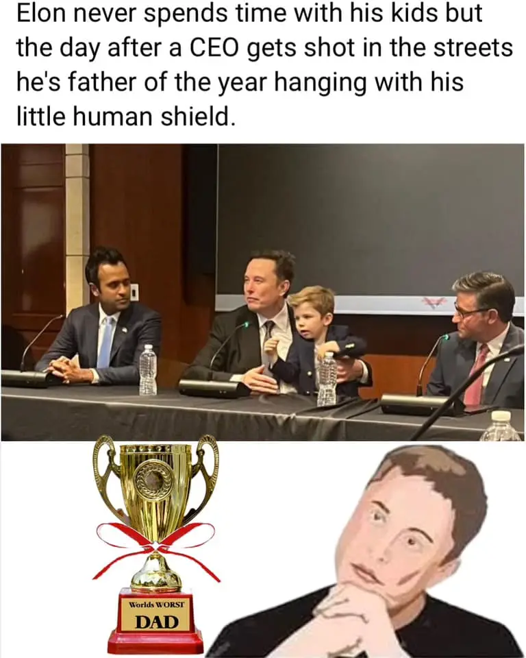The image shows Elon Musk sitting at a press conference table with a young boy in a suit beside him, holding a microphone…