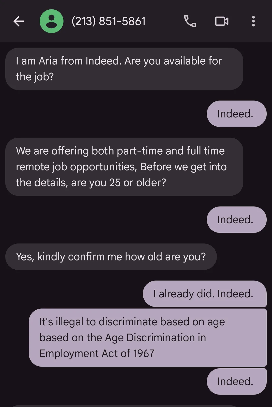 A screenshot of a text conversation between a job recruiter named Aria from Indeed and a job seeker. The recruiter asks if…