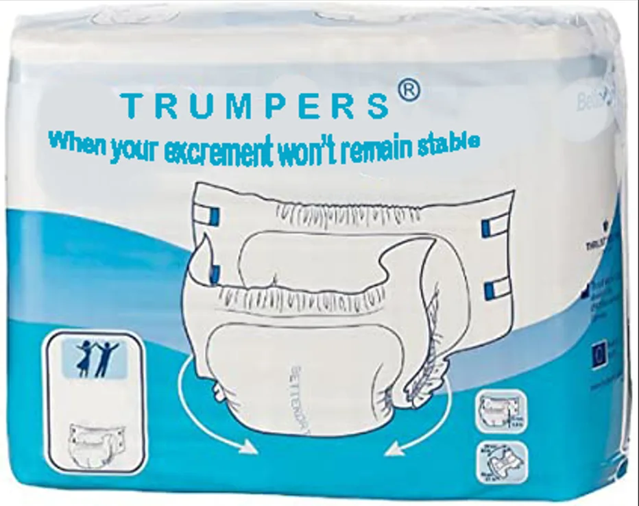 A package of baby diapers is shown with the brand name 'TRUMPERS' and the slogan 'When your excrement won't remain stable'…