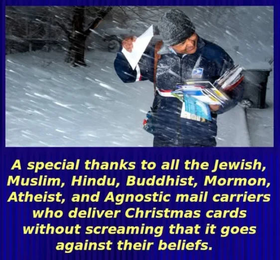 A mail carrier in a winter coat and knit hat stands in heavy snow, holding a stack of mail and reading a card. The image has…