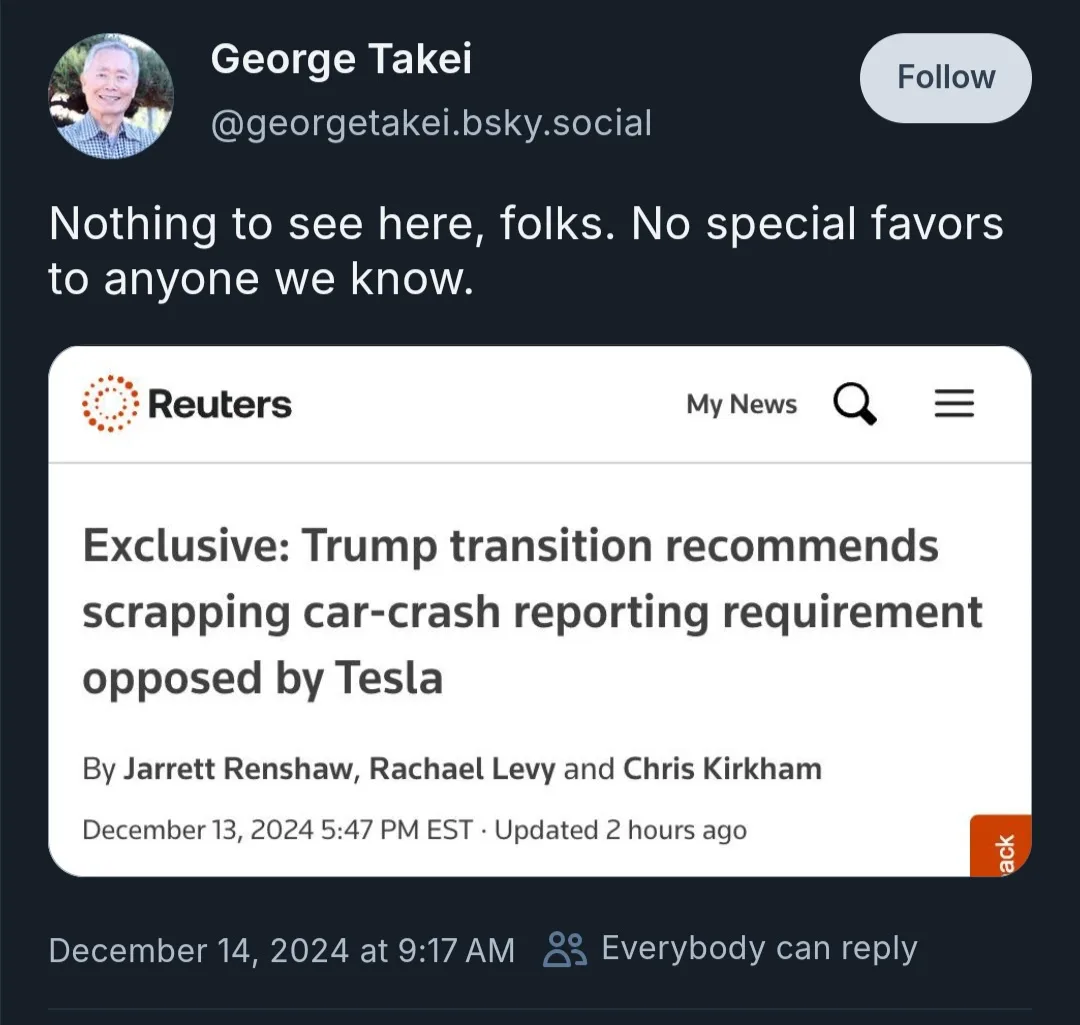 A screenshot of a social media post by George Takei showing a Reuters news article headline that reads 'Exclusive: Trump…