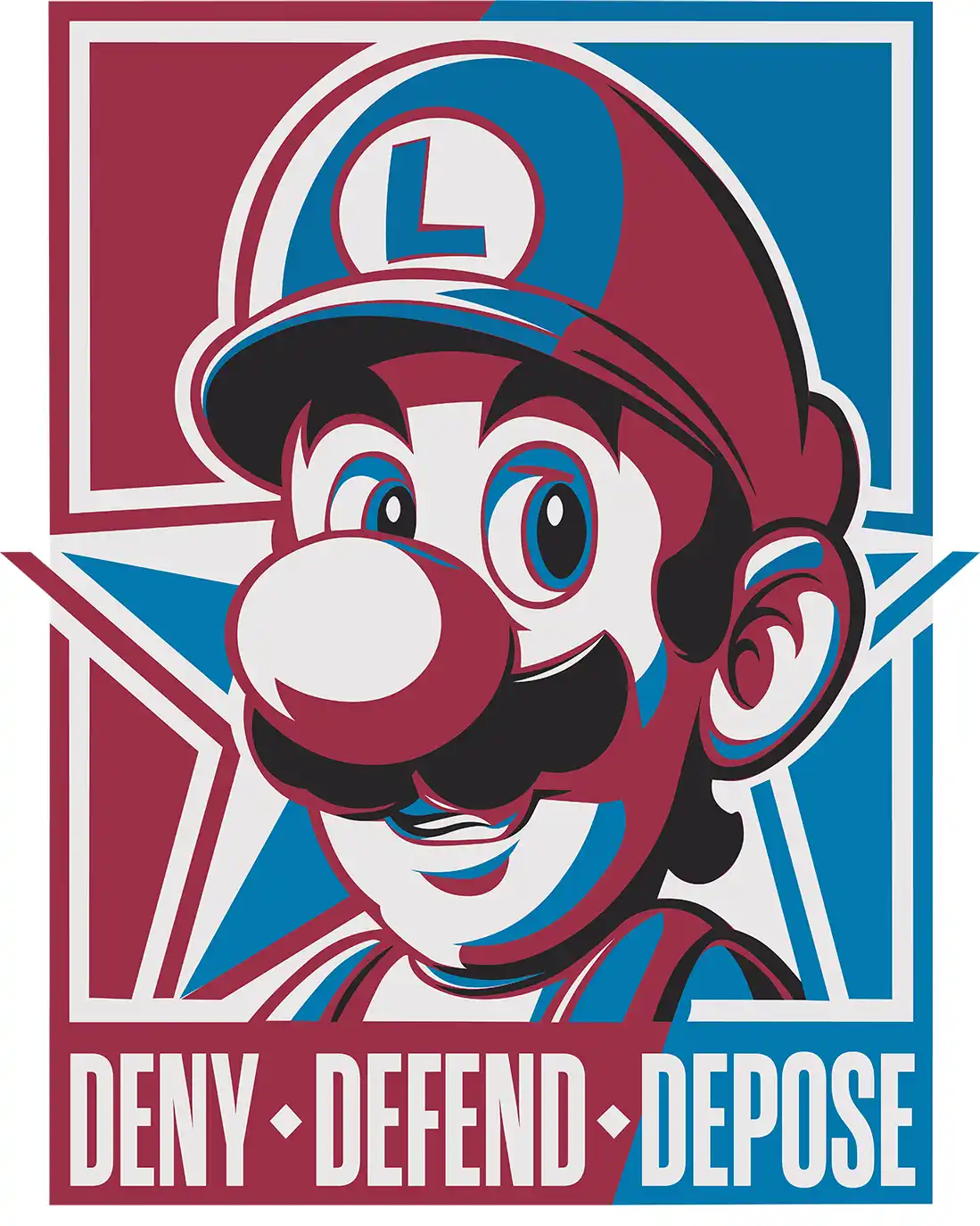 A stylized, posterized portrait of the video game character Luigi, rendered in a bold red, white, and blue color scheme…