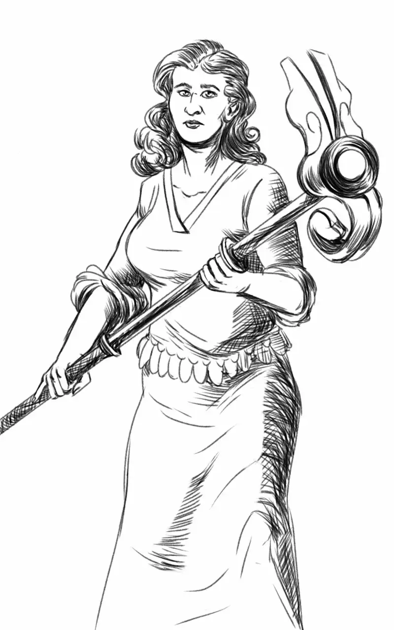 A black-and-white sketch depicts a woman with curly hair, wearing a V-neck top and a skirt, holding a large, ornate trident…