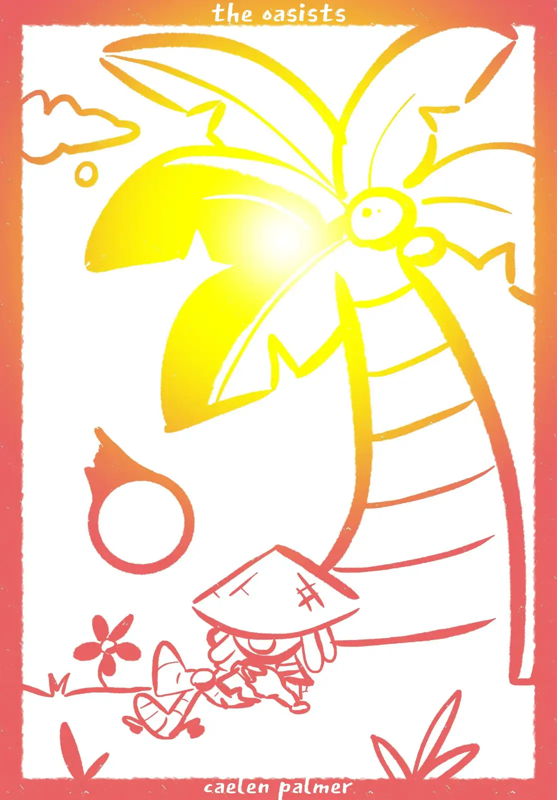 A stylized cartoon illustration shows a large, bright yellow palm tree with a glowing sun-like center, set against a white…